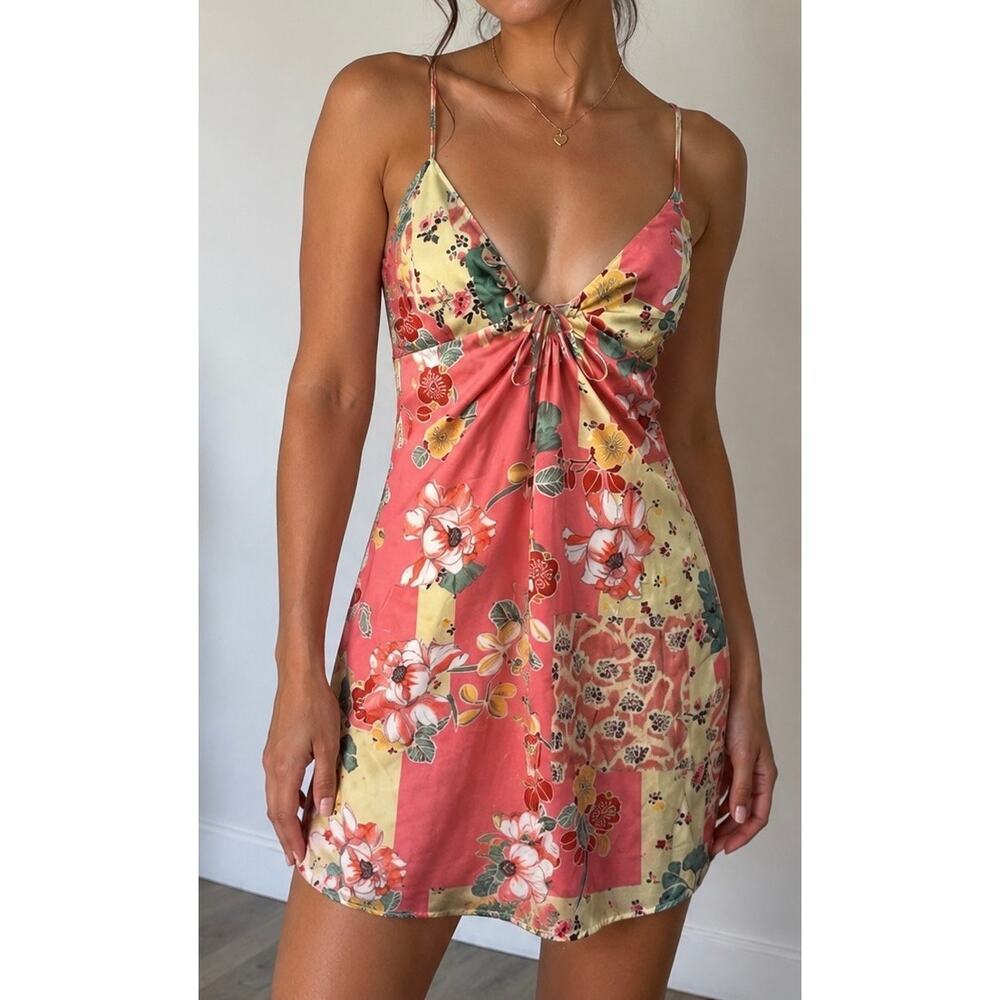 ZARA Floral Satin Slip Dress Pink Patchwork Coquette Y2K Mini 
 Sz S